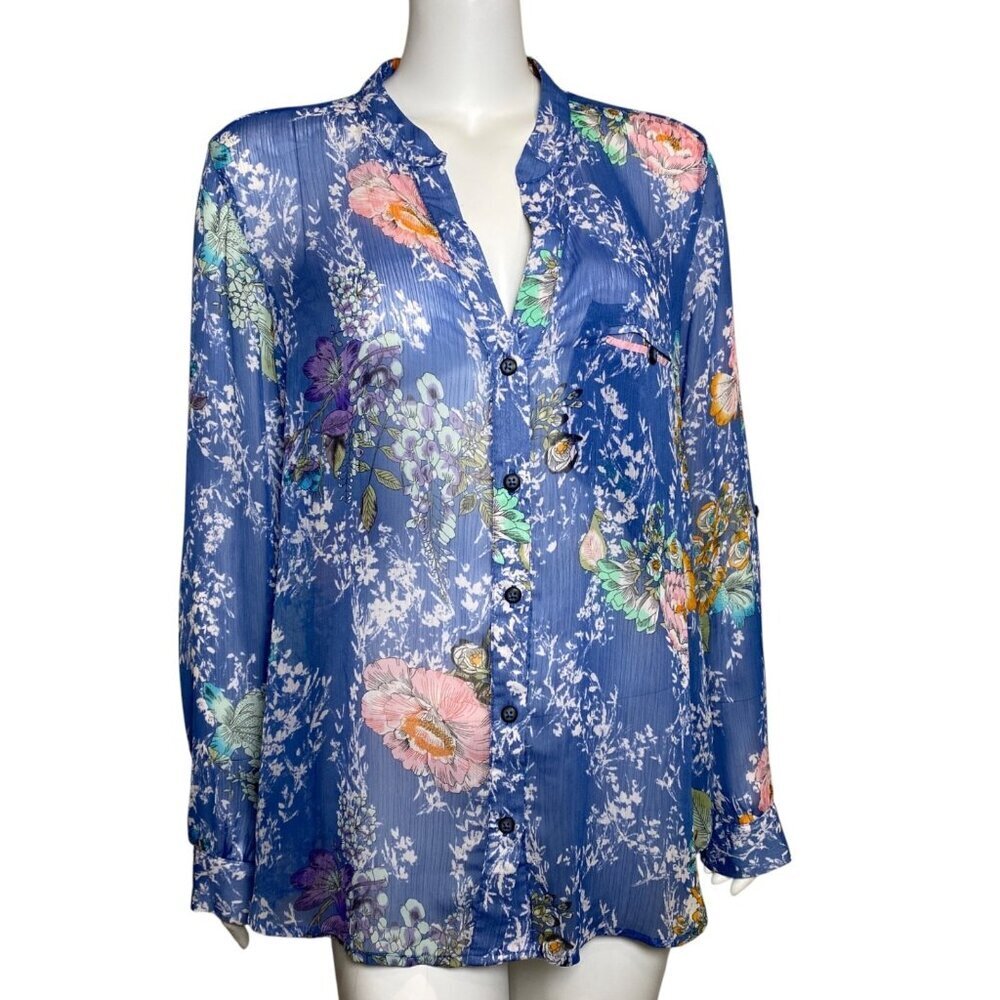Kut from the Kloth Semi Sheer Floral Blouse Womens Size XL Roll Tab Sleeves